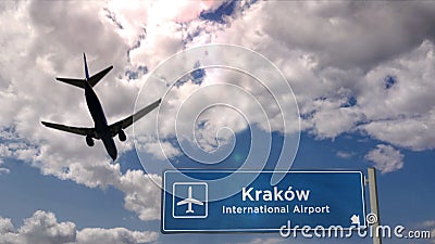 Plane landing in Krakow, Cracow Poland airport with signboard Cartoon Illustration