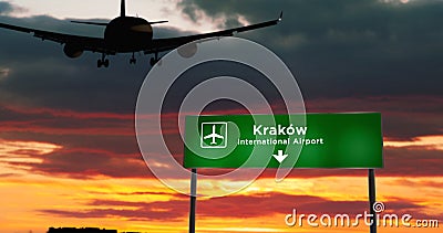 Plane landing in Krakow, Cracow Poland airport with signboard Cartoon Illustration