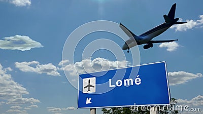 Plane landing in Lome Togo airport with signboard Cartoon Illustration