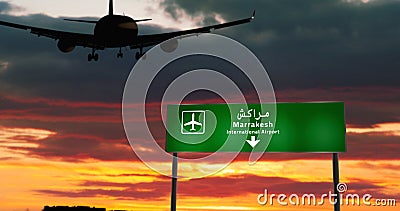 Plane landing in Marrakesh, Marrakech Morocco airport with signboard Cartoon Illustration