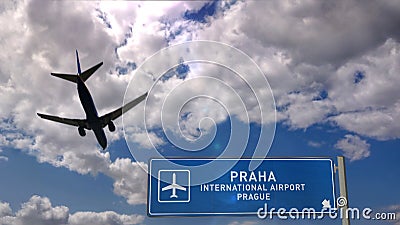 Plane landing in Praha Prague Czech with signboard Cartoon Illustration