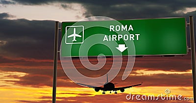 Plane landing in Roma with signboard Cartoon Illustration