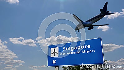 Plane landing in Singapore with signboard Cartoon Illustration