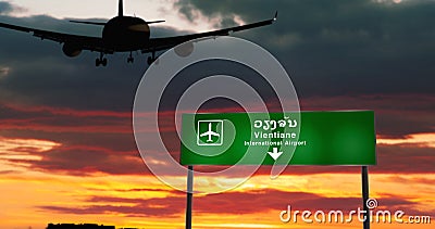 Plane landing in Vientiane Laos airport with signboard Cartoon Illustration