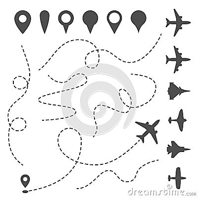 Plane line path. Airplane directional pathway, map dotted trail and fly direction. Aircrafts and pins vector symbols Vector Illustration