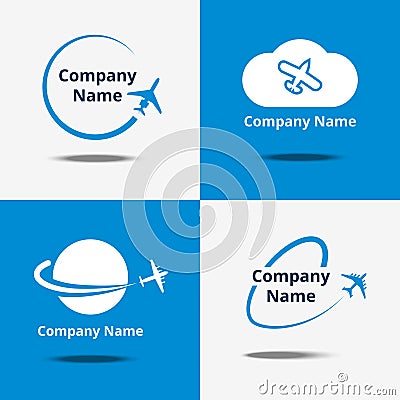 Plane logo set. Vector air travel logos or flight airplane travelling signs with blue background Vector Illustration