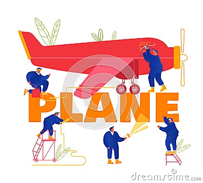 Plane Maintenance and Repair Concept. Group of Mechanics Engineers Inspecting Private Airplane with Propeller Engine Vector Illustration