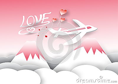 Plane, Mountains and clouds in Valentine`s Day theme Stock Photo