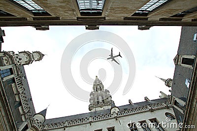 Plane over the city of Brussels tilt - shift Stock Photo