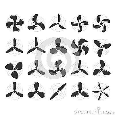 Plane propellers set - fan, rotor mover, aircraft propeller icons, wind fan rotating prop, airscrew Vector Illustration