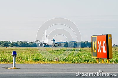 Plane ready for take off departure the airport runway Stock Photo