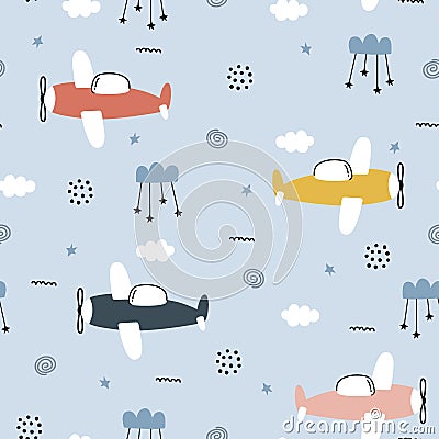 Plane with sky baby seamless pattern hand drawn cute cartoon background for kid Vector Illustration