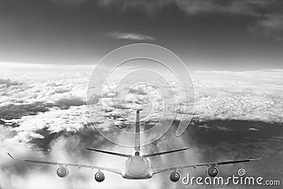 Plane in the sky flight travel transport airplane background black white Stock Photo