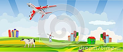 Plane on the sky road, countryside, Vector Illustration