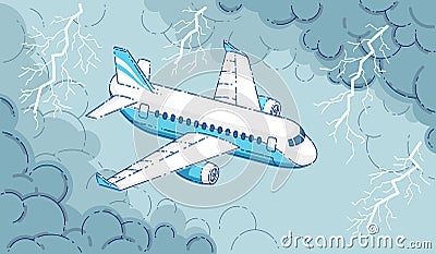 Plane in the storm, airliner flying through dark stormy clouds and lightning of thunderstorm, beautiful thin line 3d vector Vector Illustration