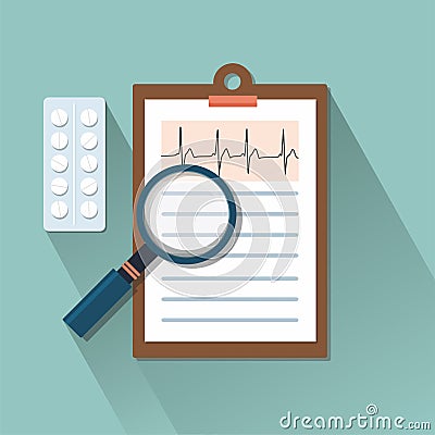 Plane-table with pills and magnifier. Medicine concept. Vector Illustration