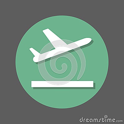 Plane takeoff flat icon. Round colorful button, circular vector sign with shadow effect. Flat style design. Vector Illustration