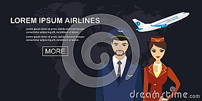 Plane takes off,male pilot and female air hostess,cabin crew Vector Illustration