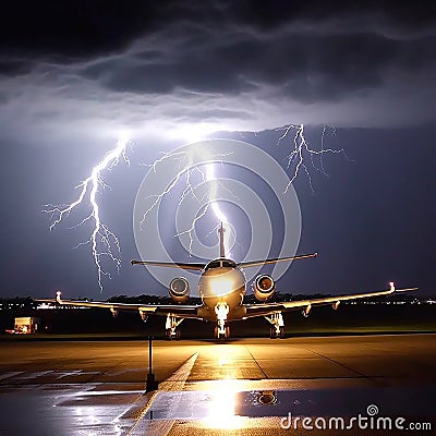 The plane takes off during a severe thunderstorm, night, lightning, bad weather, danger, fear Stock Photo