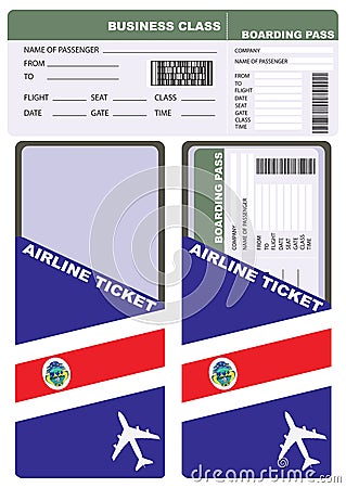 Plane ticket in business class flight to Costa Rica Vector Illustration