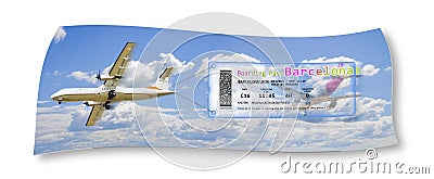 Plane towing a airplane ticket - Fly to Barcelona concept image Stock Photo