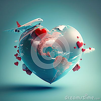 Plane traveling over a heart shaped Globe for Honeymoon Romance travel concept, Generative AI Stock Photo
