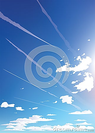 Plane trek in the sky. Vector vertical landscape sky clouds. Stock Photo