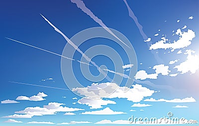 Plane trek in the sky. Vector vertical landscape sky clouds. Stock Photo