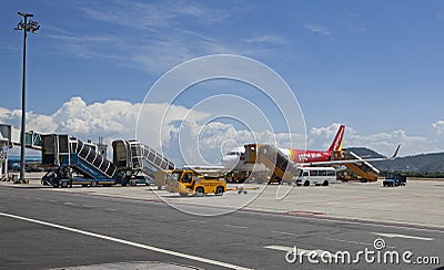 A plane of Vietjet Air preparing to take off at Da Nang International Airport Editorial Stock Photo