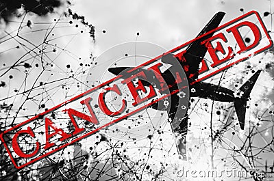 Image of plane with the word cancelled written in red, related with the corona virus Stock Photo