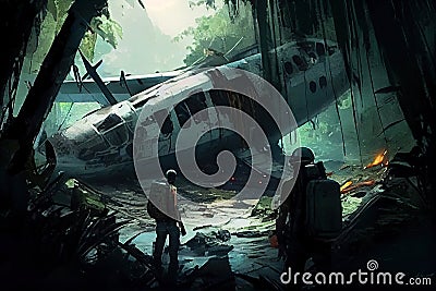 plane wreck in jungle, with rescue team bringing wounded survivors to safety Stock Photo