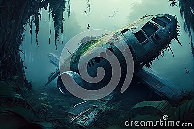 plane wreck shrouded in mist, surrounded by jungle Stock Photo