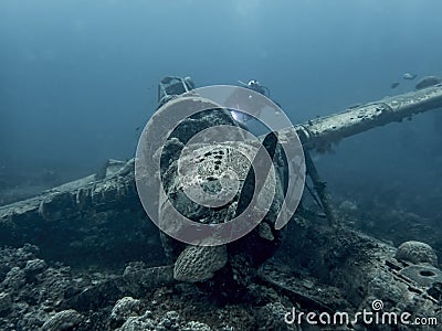 Jake Seaplane Wreck Underwater WW2 Relic with Diver Stock Photo