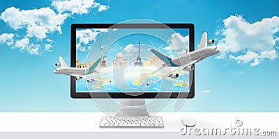 Planes flying out of the computer display. Concept of booking holiday and planning a trip online Stock Photo