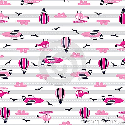 Planes helicopters clouds balloons pattern Vector Illustration