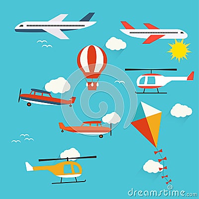 Planes, helicopters, hot air balloon and kite Vector Illustration