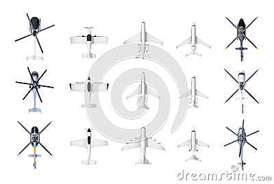 Planes and helicopters top view. Cartoon military and civil aviation aircraft, passenger and cargo airplane and Vector Illustration