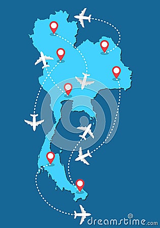 Planes routes flying over Thailand map, tourism and travel concept Vector Illustration