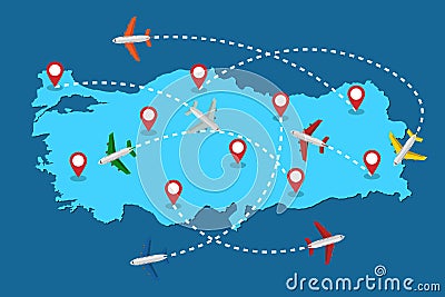 Planes routes flying over Turkey map, tourism and travel concept Vector Illustration