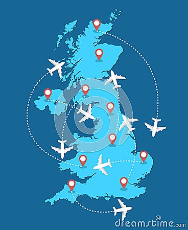 Planes routes flying over United Kingdom map, tourism and travel concept Vector Illustration