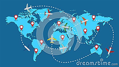 Planes routes flying over world map, tourism and travel concept Vector Illustration