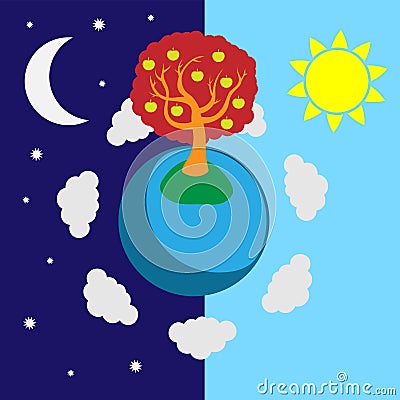 A planet with an apple tree abstraction day and night vector image editable Vector Illustration