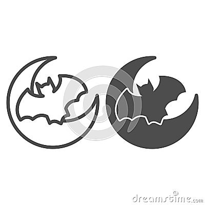 Planet and bat line and solid icon. Night crescent moon and flying mouse. Halloween party vector design concept, outline Vector Illustration