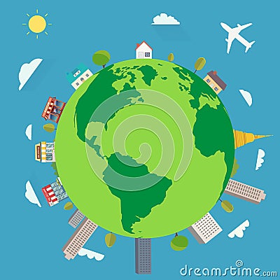 Planet with city around and nature landscape and map.Travel around the planet concept Vector Illustration