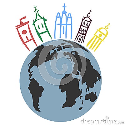 Planet and city. City of Sustainable Development on the planet. Planet Earth and the concept of world faith in the future. Vector Illustration