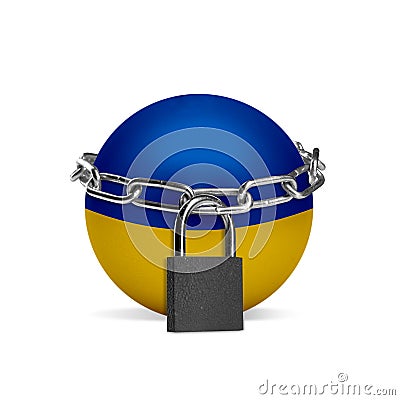 Planet colored in Ukraine flag, locking with chain. Countries lockdown during coronavirus, COVID spreading Stock Photo