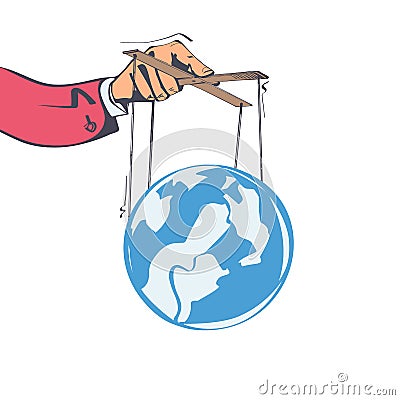 Planet control. Conspiracy theory. Man holds the planet on the ropes, manipulation concept Vector Illustration