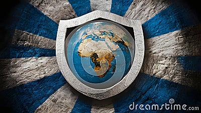 Planet Defense Emblem - Earth Cradled in a Shield. Concept Astronomy, Earth Protection, Space Stock Photo