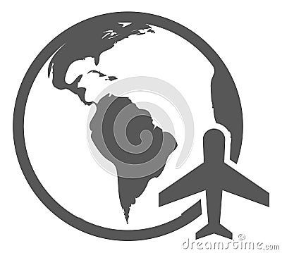 Planet earth with airplane sign. Global transportation icon Vector Illustration