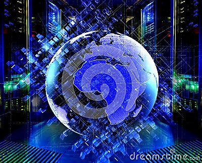 3D rendering Planet earth from on background of texture of the extruded cubes and the matrix code propagating in spac Stock Photo